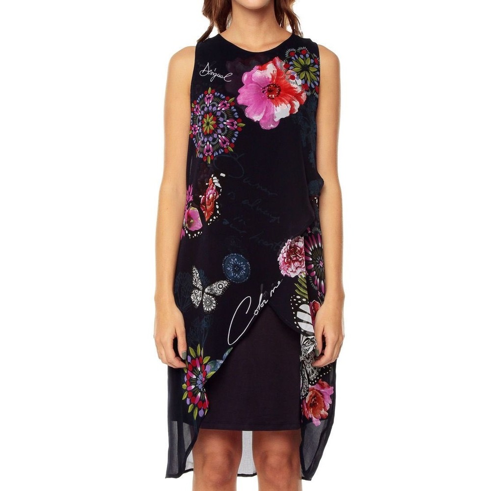 Desigual Floral Butterfly Asymmetrical Layered Shift Dress Navy Blue Size 40 ww